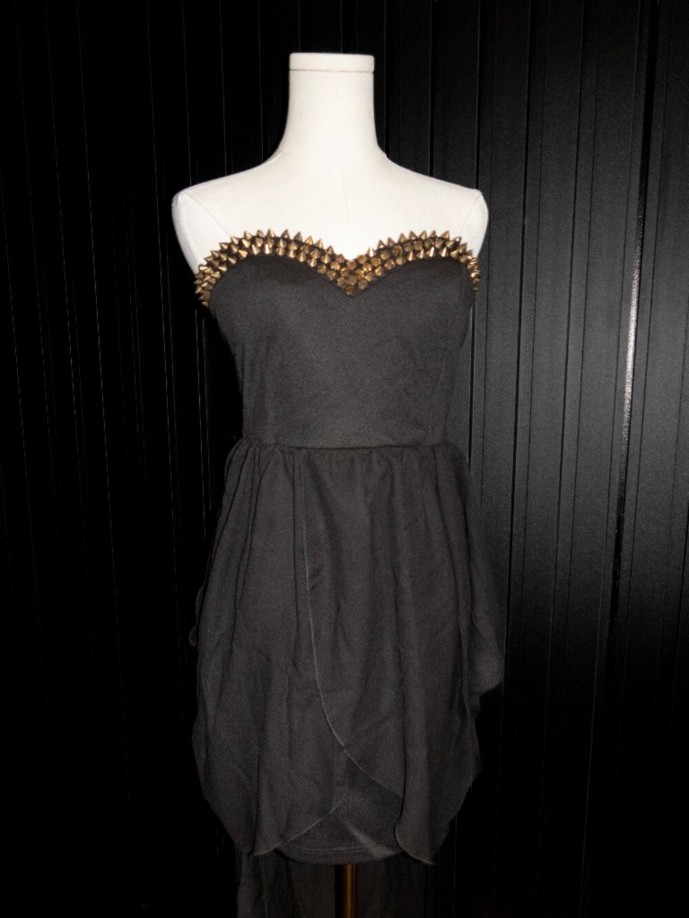 Strapless Black Mini Dress Gold Spike Studded Sweetheart Neckline